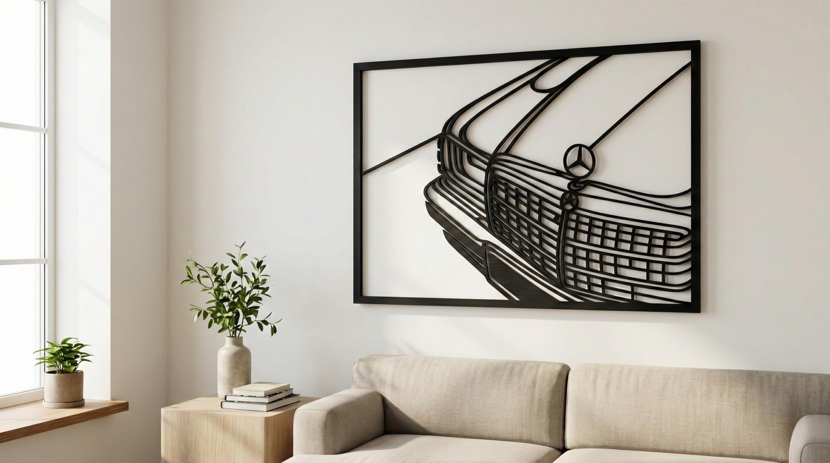 Laser Cut Car Wall Art Decor – Mb 190E Evo 2 | Flow-Line Art with Black Frame | AI SVG DXF dwg Files