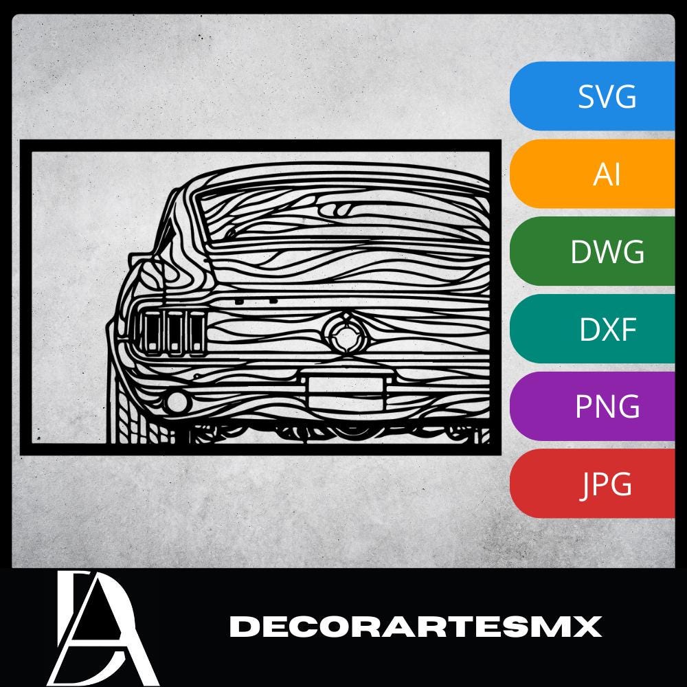 Laser Cut Car Wall Art Decor – Mustang 67 | Flow-Line Art with Black Frame | AI SVG DXF dwg Files