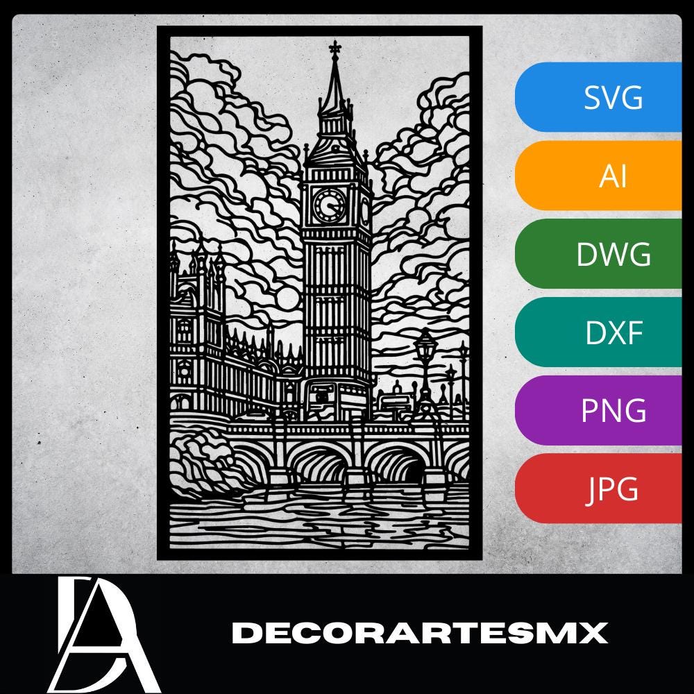 Laser Cut Landscapes Wall Art Decor – Big Ben | Flow-Line Art with Black Frame | AI SVG DXF dwg Files