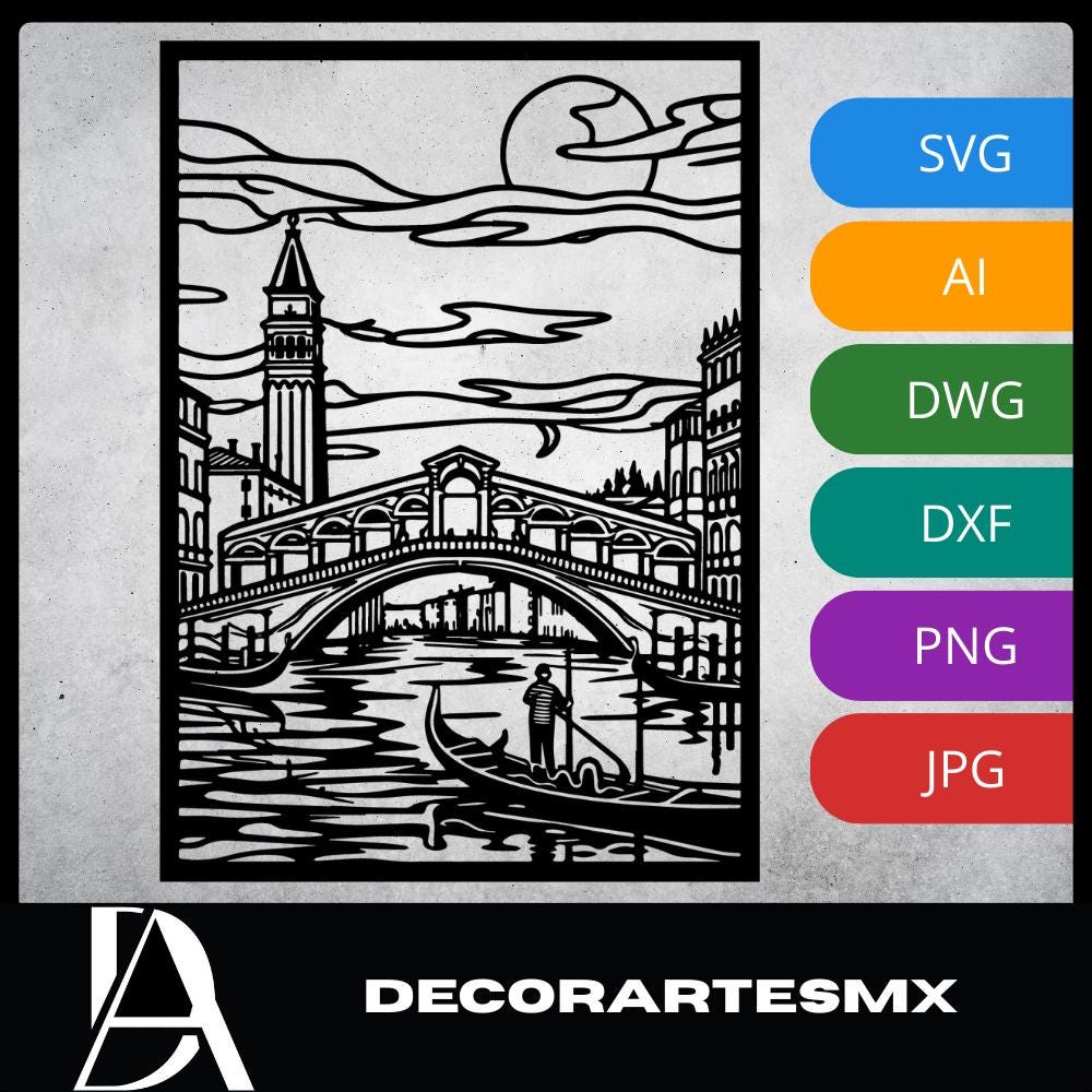 Laser Cut Landscapes Wall Art Decor – Rialto Bridge | Flow-Line Art with Black Frame | AI SVG DXF dwg Files