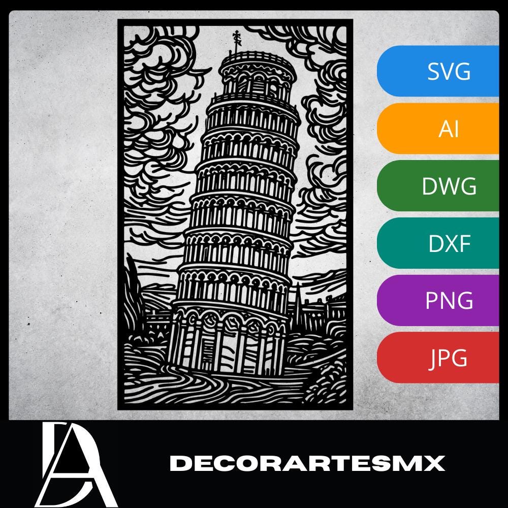 Laser Cut Landscapes Wall Art Decor – Leaning Tower of Pisa | Flow-Line Art with Black Frame | AI SVG DXF dwg Files