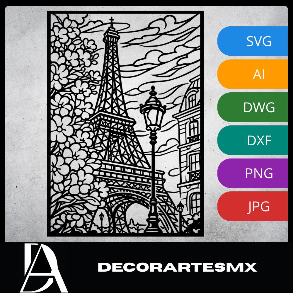 Laser Cut Landscapes Wall Art Decor – Eiffel Tower | Flow-Line Art with Black Frame | AI SVG DXF dwg Files