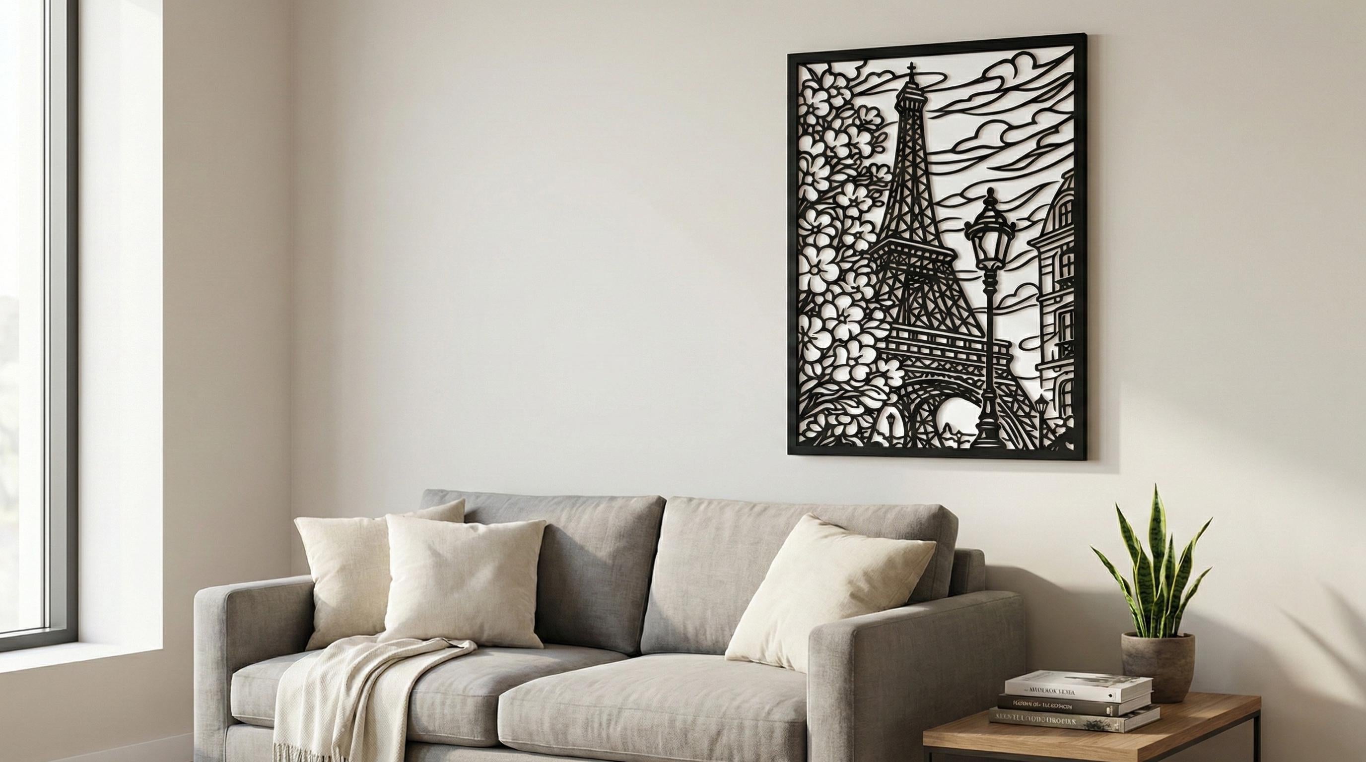 Laser Cut Landscapes Wall Art Decor – Eiffel Tower | Flow-Line Art with Black Frame | AI SVG DXF dwg Files
