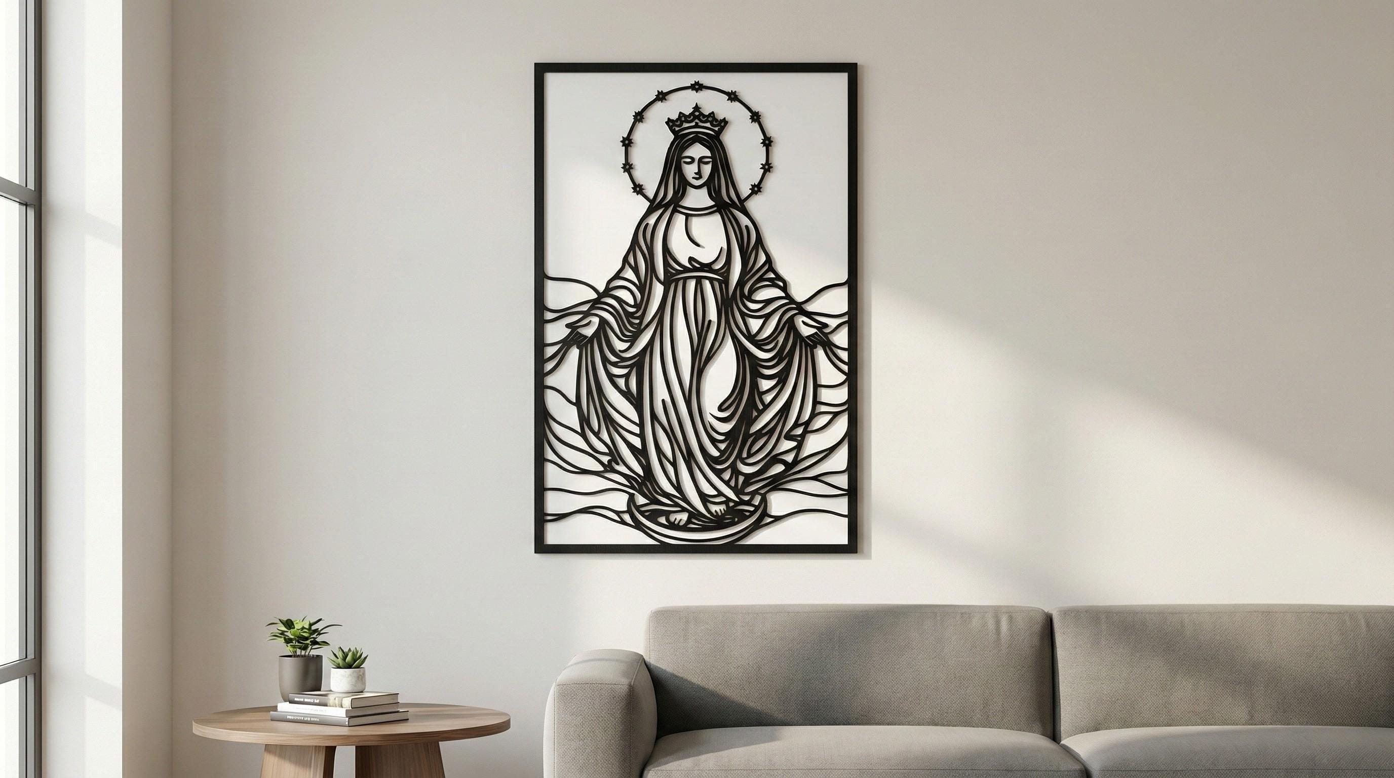 Laser Cut Religious Wall Art Decor The Immaculate Conception Black Frame Flow-Line Art | Laser Cut File SVG AI and more