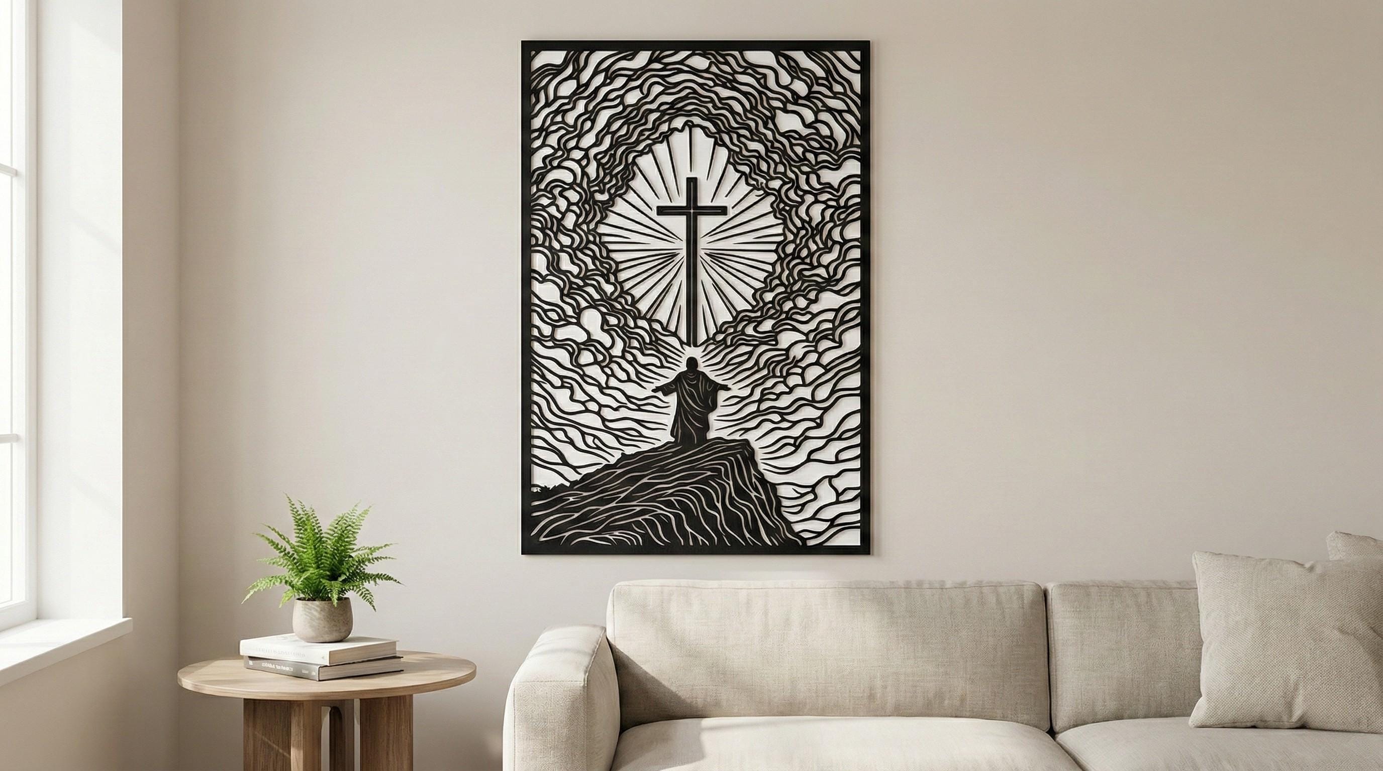 Laser Cut Religious Wall Art Decor Christ the Way to the Father Black Frame Flow-Line Art | Laser Cut File SVG AI and more