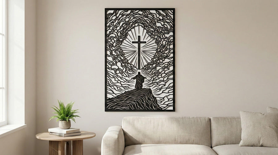 Arte Decorativo de Pared Religioso para Corte Láser – Cristo el Camino del Padre | Flow-Line Art con Marco Negro | Archivos SVG AI DXF DWG PNG JPG