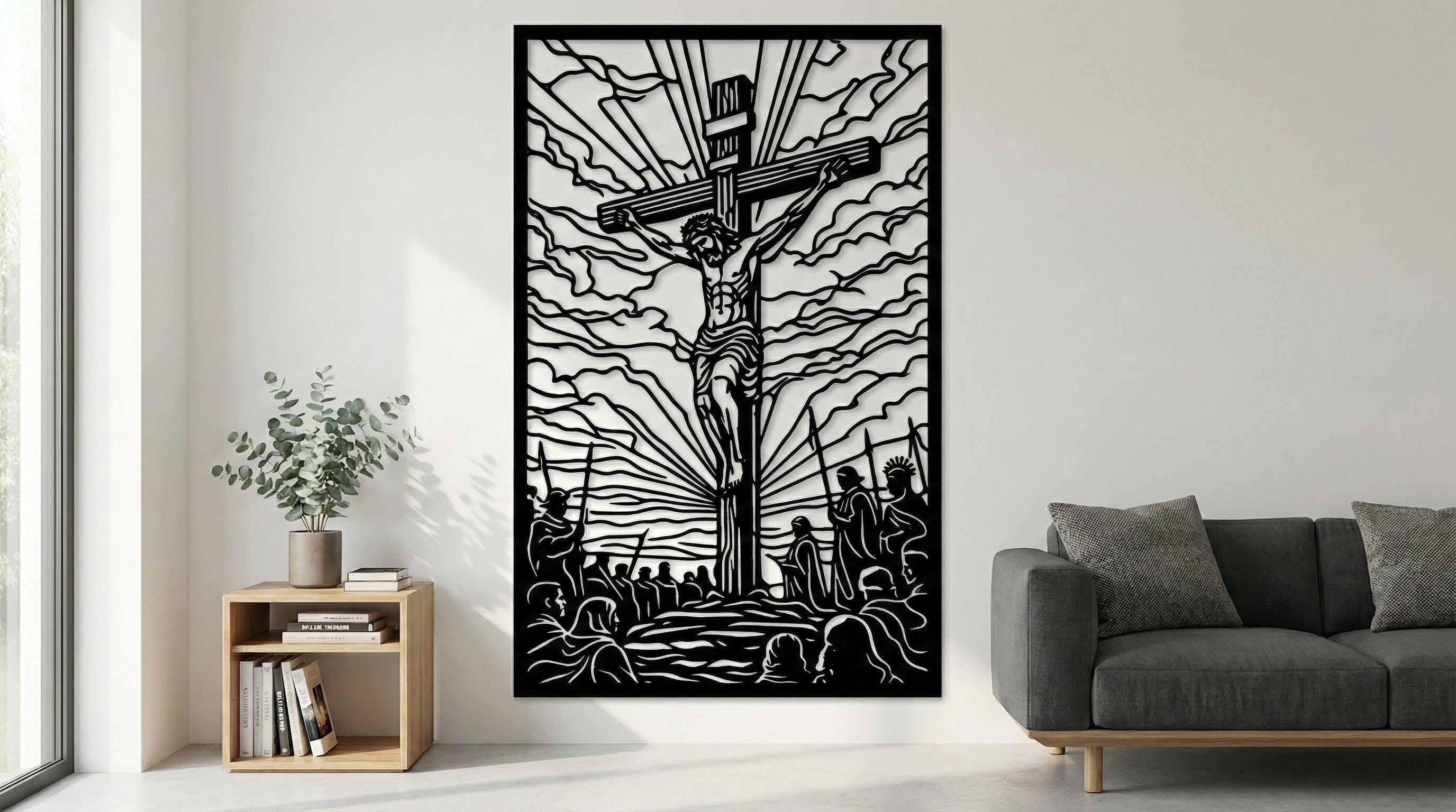 Laser Cut Religious Wall Art Decor The Crucified Christ Black Frame Flow-Line Art | Laser Cut File SVG AI and more