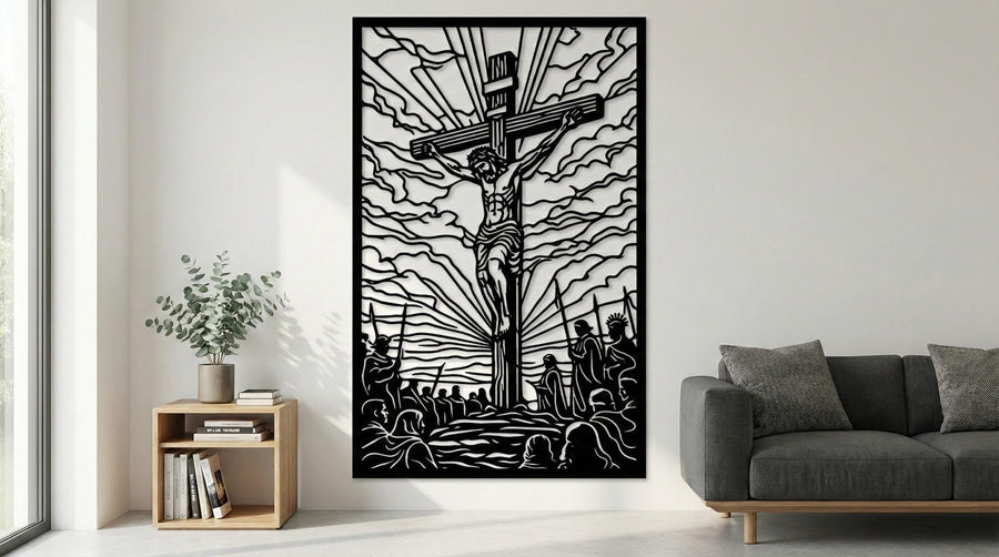 Arte Decorativo de Pared Religioso para Corte Láser – El Crucificado | Flow-Line Art con Marco Negro | Archivos SVG AI DXF DWG PNG JPG