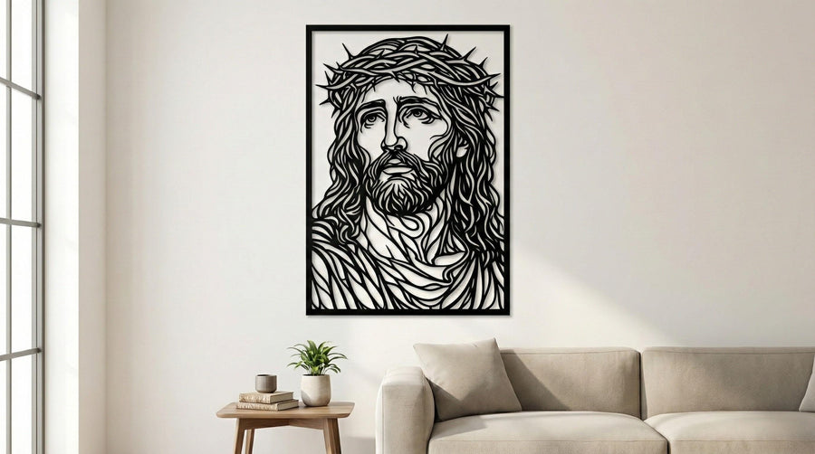Arte Decorativo de Pared Religioso para Corte Láser – Jesús el Nazareno | Flow-Line Art con Marco Negro | Archivos SVG AI DXF DWG PNG JPG