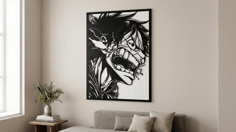 Arte Decorativo de Pared Anime para Corte Láser – Luffy | Flow-Line Art con Marco Negro | Archivos SVG AI DXF DWG PNG JPG