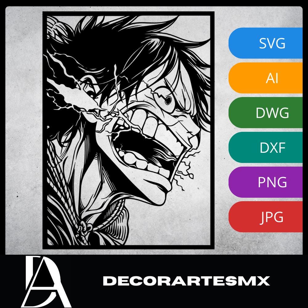 Laser Cut Anime Wall Art Decor – Luffy | Flow-Line Art Black Frame | SVG AI DXF dwg Files
