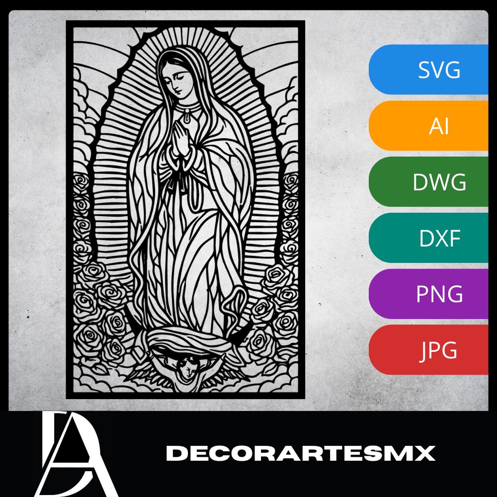 Laser Cut Religious Wall Art Decor Our Lady of Guadalupe Black Frame Flow-Line Art | Laser Cut File SVG AI and more