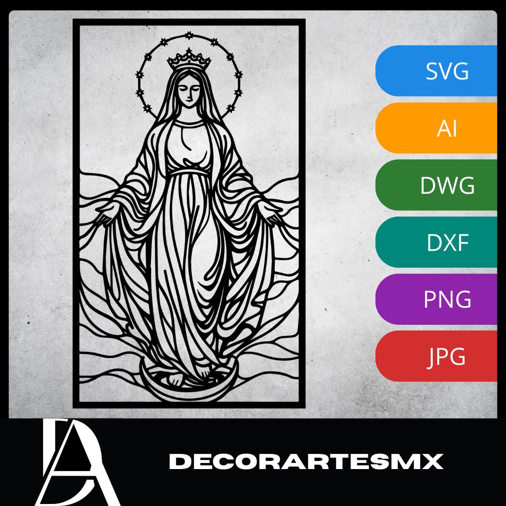 Laser Cut Religious Wall Art Decor The Immaculate Conception Black Frame Flow-Line Art | Laser Cut File SVG AI and more