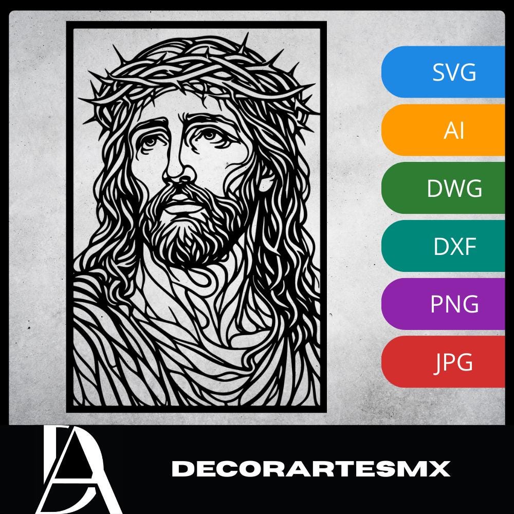 Laser Cut Religious Wall Art Decor Jesus the Nazarene Black Frame Flow-Line Art | Laser Cut File SVG AI and more