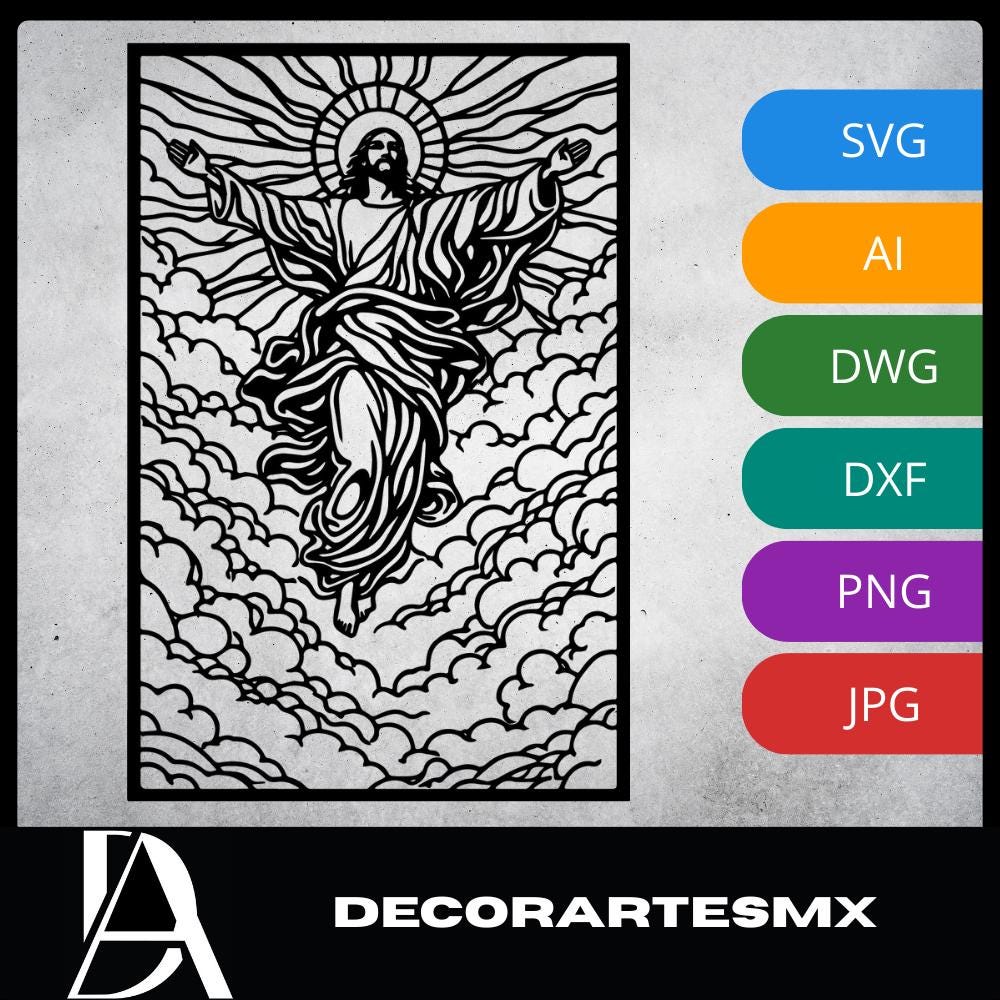 Laser Cut Religious Wall Art Decor The Risen Christ in Glory Black Frame Flow-Line Art | Laser Cut File SVG AI and more