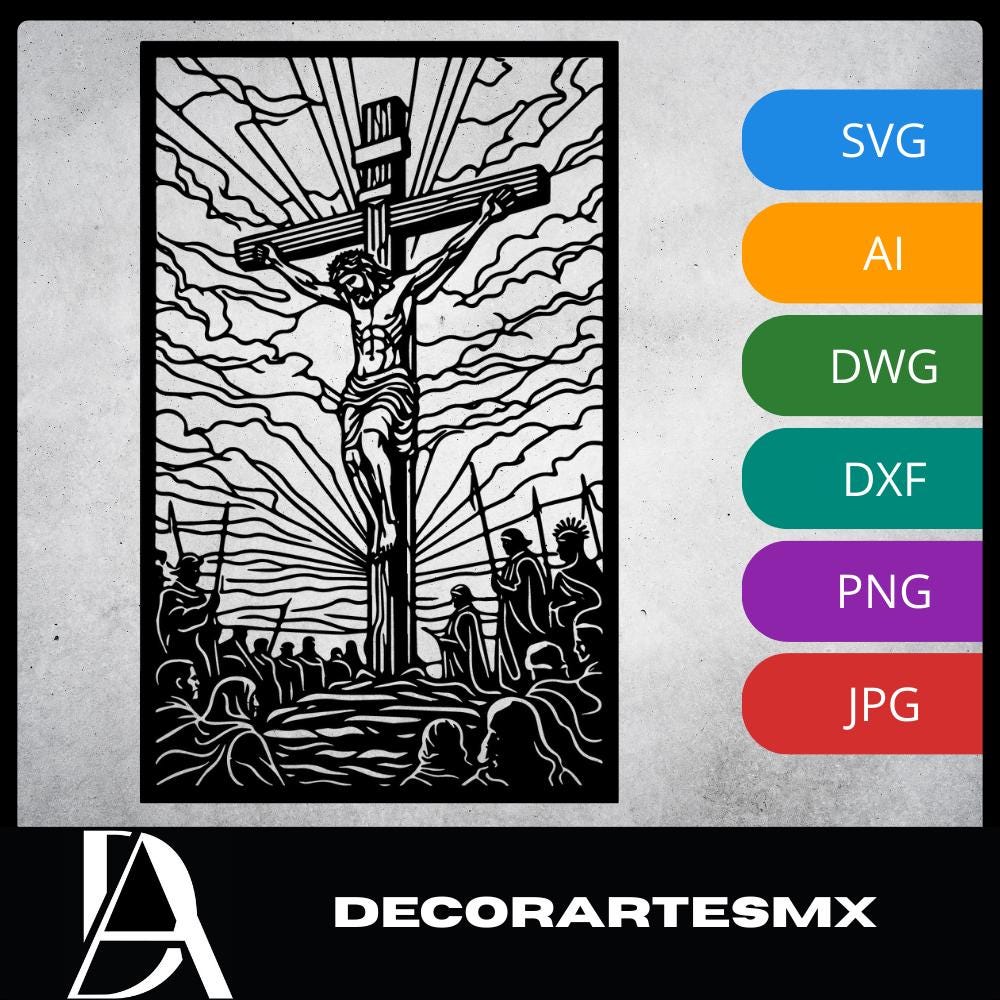 Laser Cut Religious Wall Art Decor The Crucified Christ Black Frame Flow-Line Art | Laser Cut File SVG AI and more