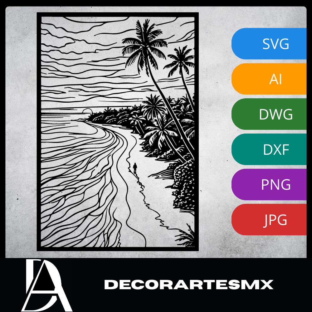 Laser Cut Landscape Wall Art Decor – Serene Bay | Flow-Line Art Black Frame | SVG AI DXF dwg Files