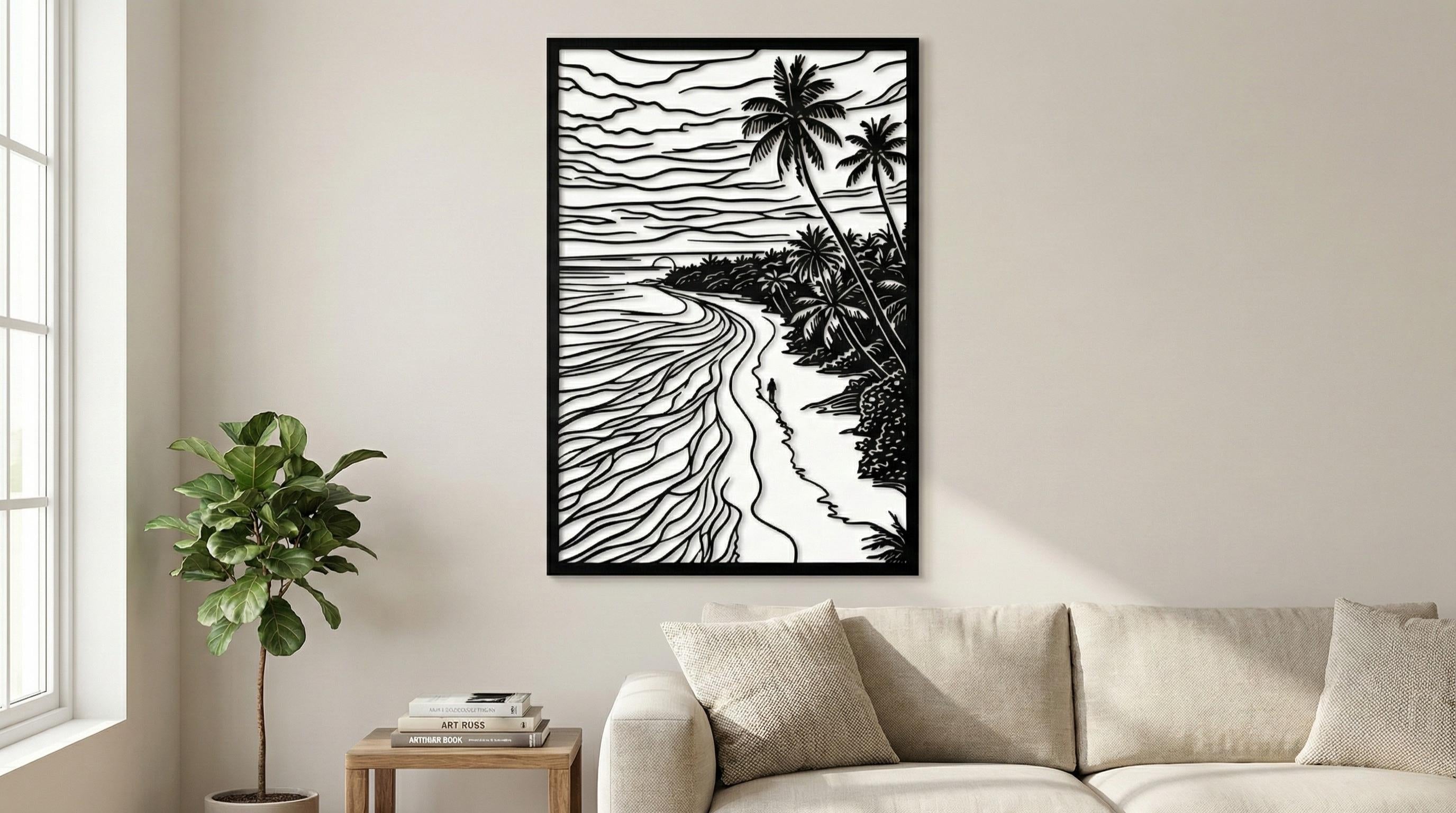 Laser Cut Landscape Wall Art Decor – Serene Bay | Flow-Line Art Black Frame | SVG AI DXF dwg Files