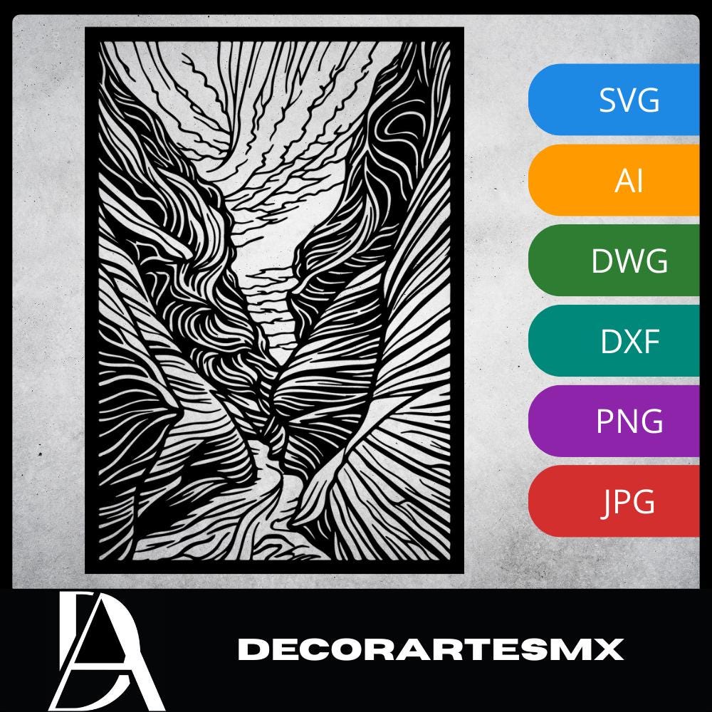 Laser Cut Landscape Wall Art Decor – Silent Canyon | Flow-Line Art Black Frame | SVG AI DXF dwg Files