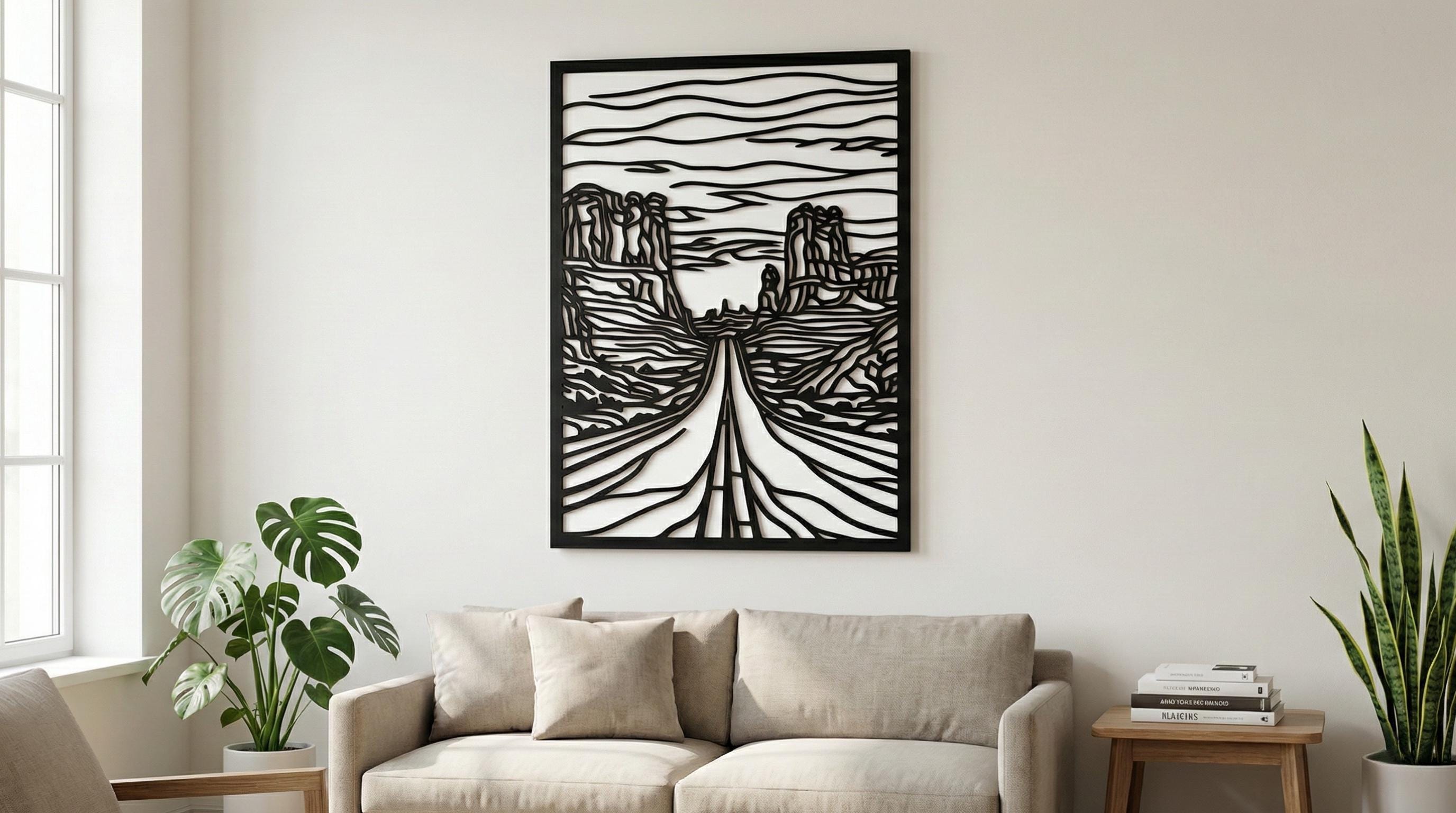 Laser Cut Landscape Wall Art Decor – Desert Road | Flow-Line Art Black Frame | SVG AI DXF dwg Files