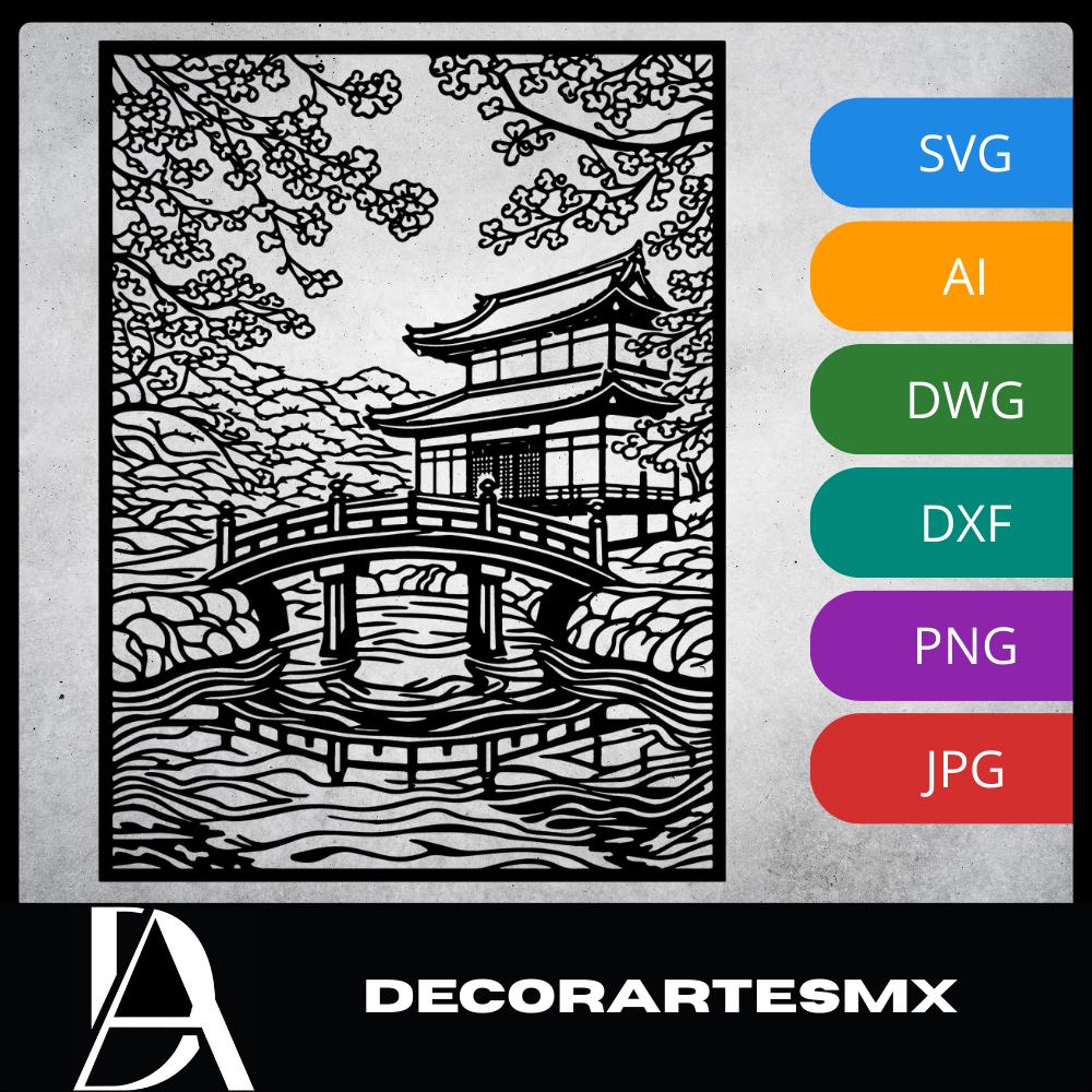 Laser Cut Landscape Wall Art Decor – Serene Garden | Flow-Line Art Black Frame | SVG AI DXF dwg Files