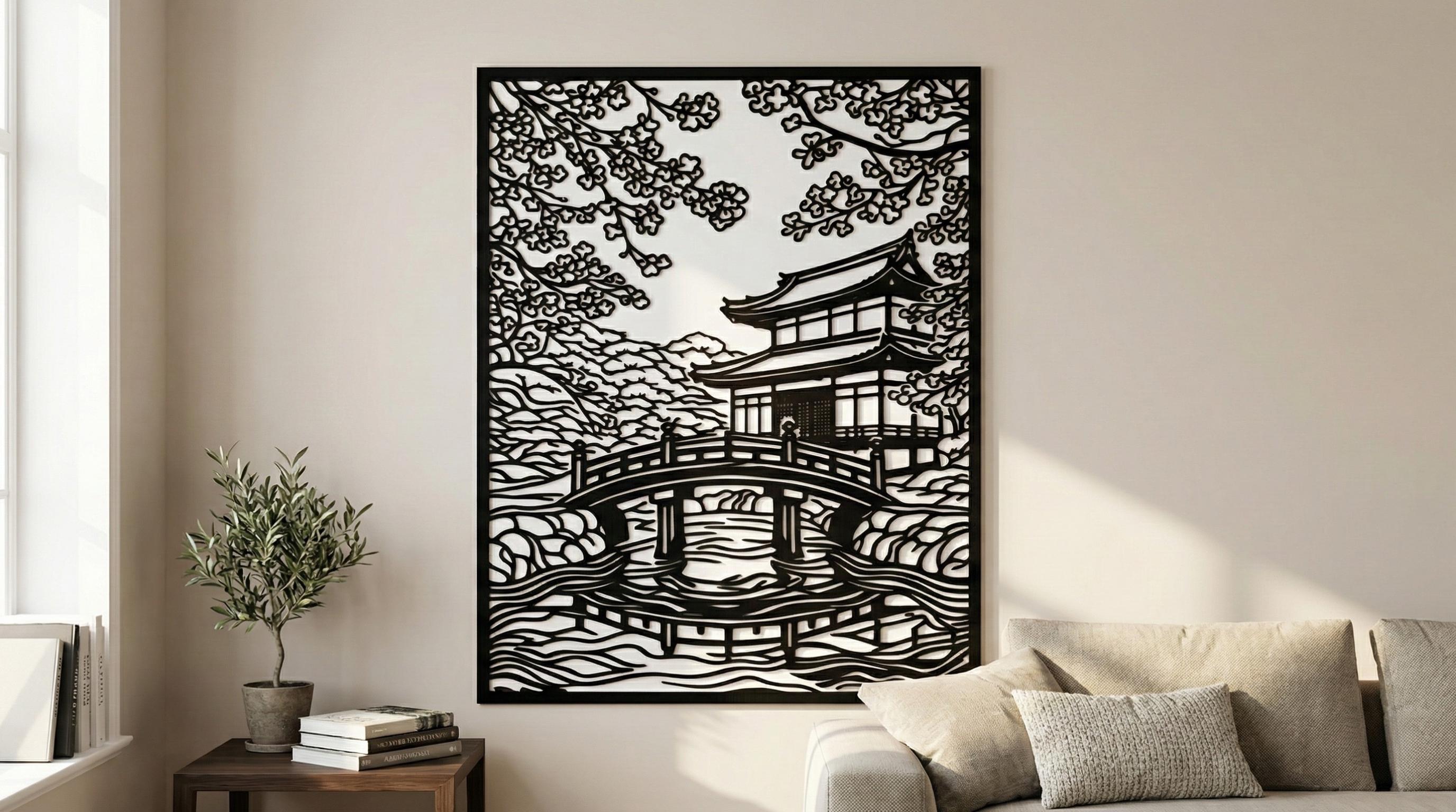 Laser Cut Landscape Wall Art Decor – Serene Garden | Flow-Line Art Black Frame | SVG AI DXF dwg Files