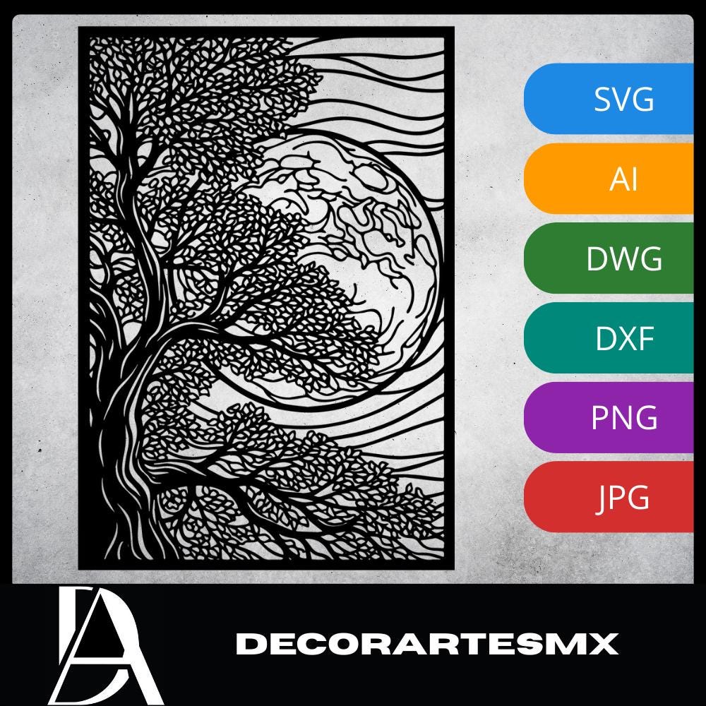 Laser Cut Landscape Wall Art Decor – Night Shelter | Black Frame Flow-Line Art | SVG AI DXF dwg Files