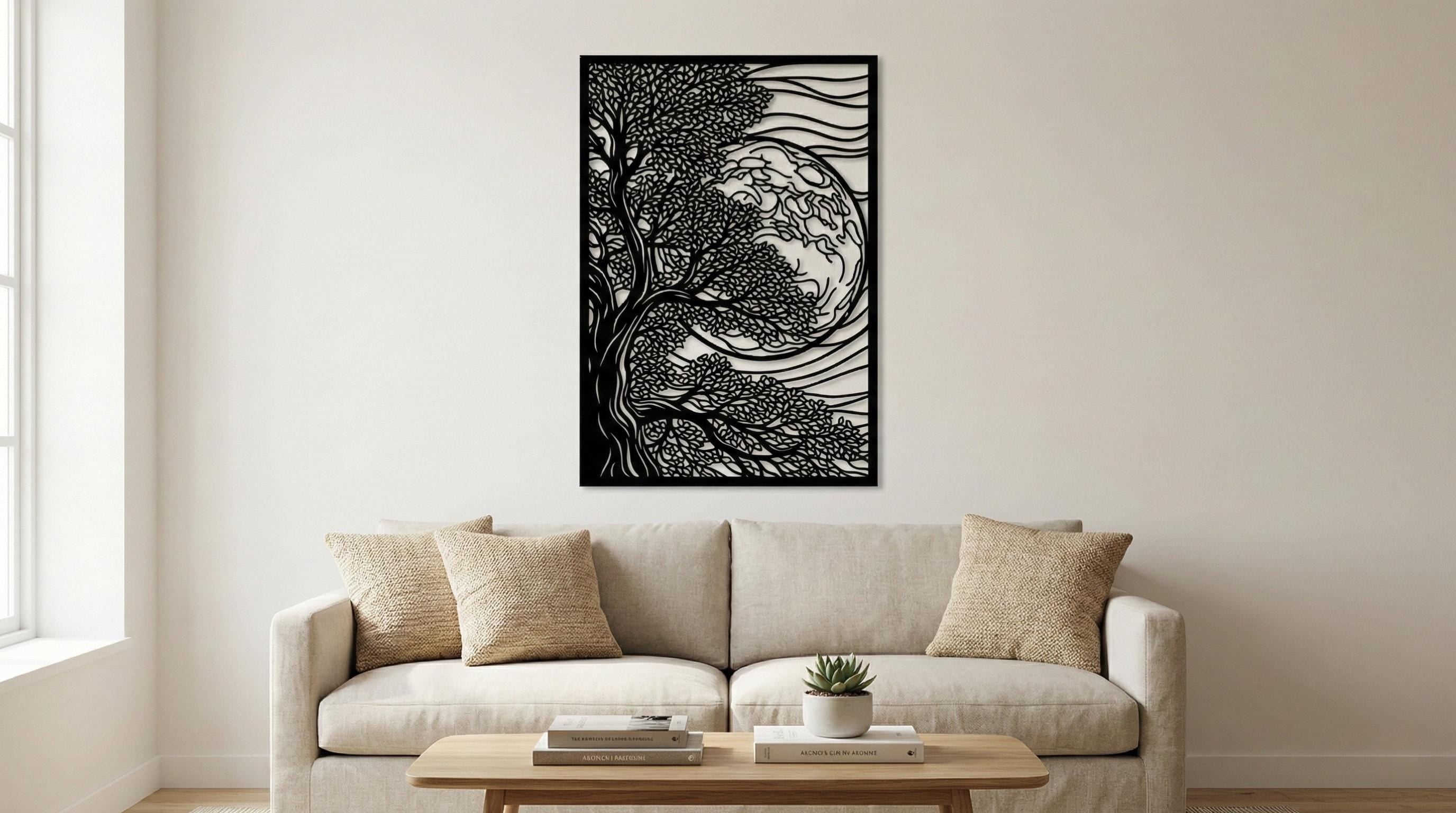 Laser Cut Landscape Wall Art Decor – Night Shelter | Black Frame Flow-Line Art | SVG AI DXF dwg Files