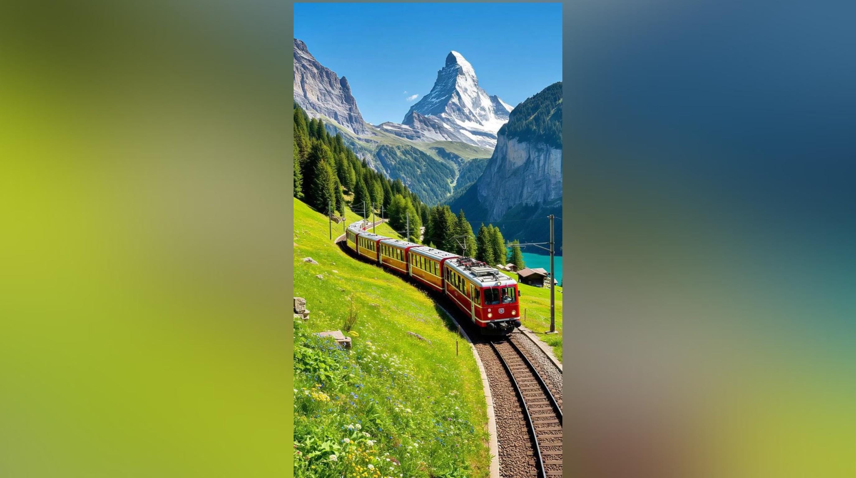 Laser Cut Landscape Wall Art Decor – Alpine Valley Train | Black Frame Flow-Line Art | SVG AI DXF dwg Files