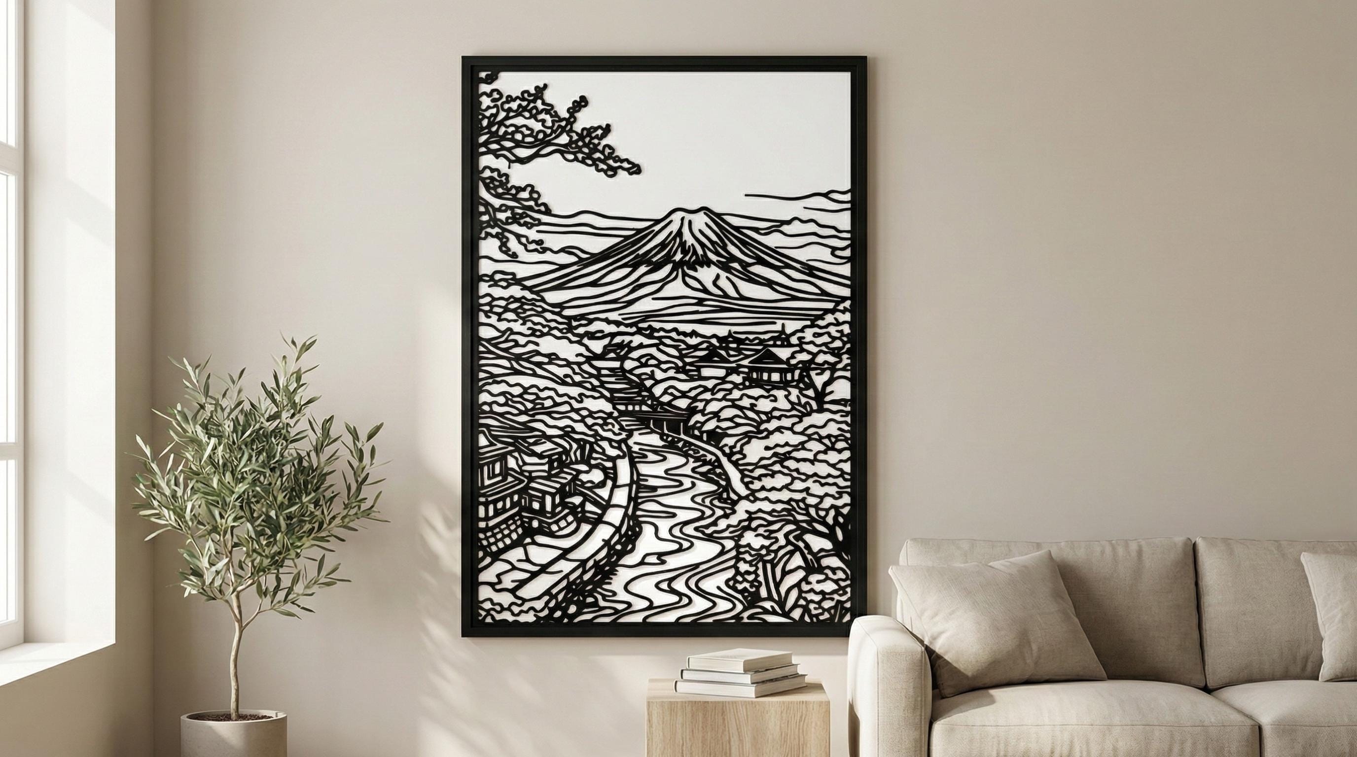 Laser Cut Landscape Wall Art Decor – Snowy Mountain Valley | Black Frame Flow-Line Art | SVG AI DXF dwg Files
