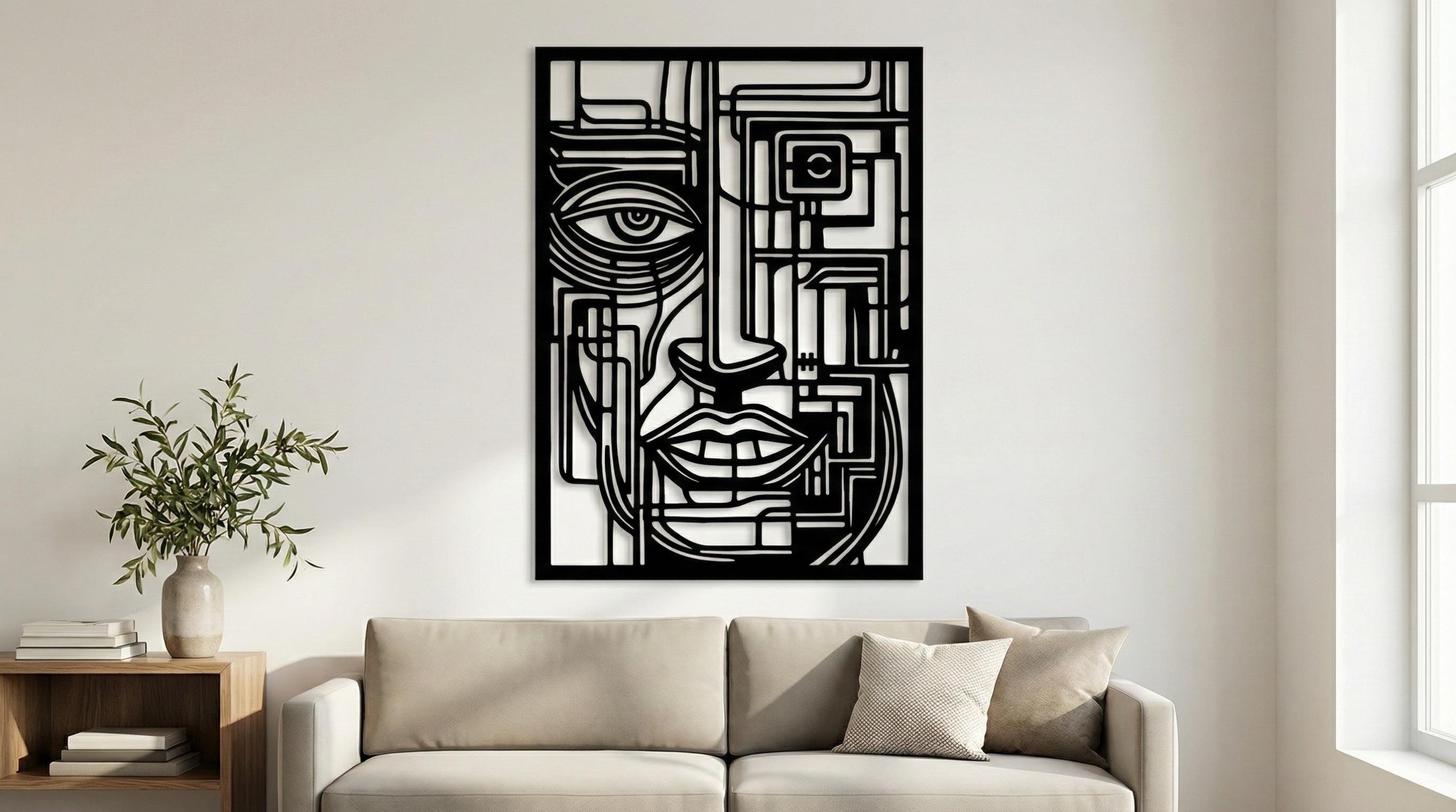 Laser Cut Abstract Wall Art Decor – Fragmented Identity | Black Frame Flow-Line Art | SVG AI DXF dwg Files