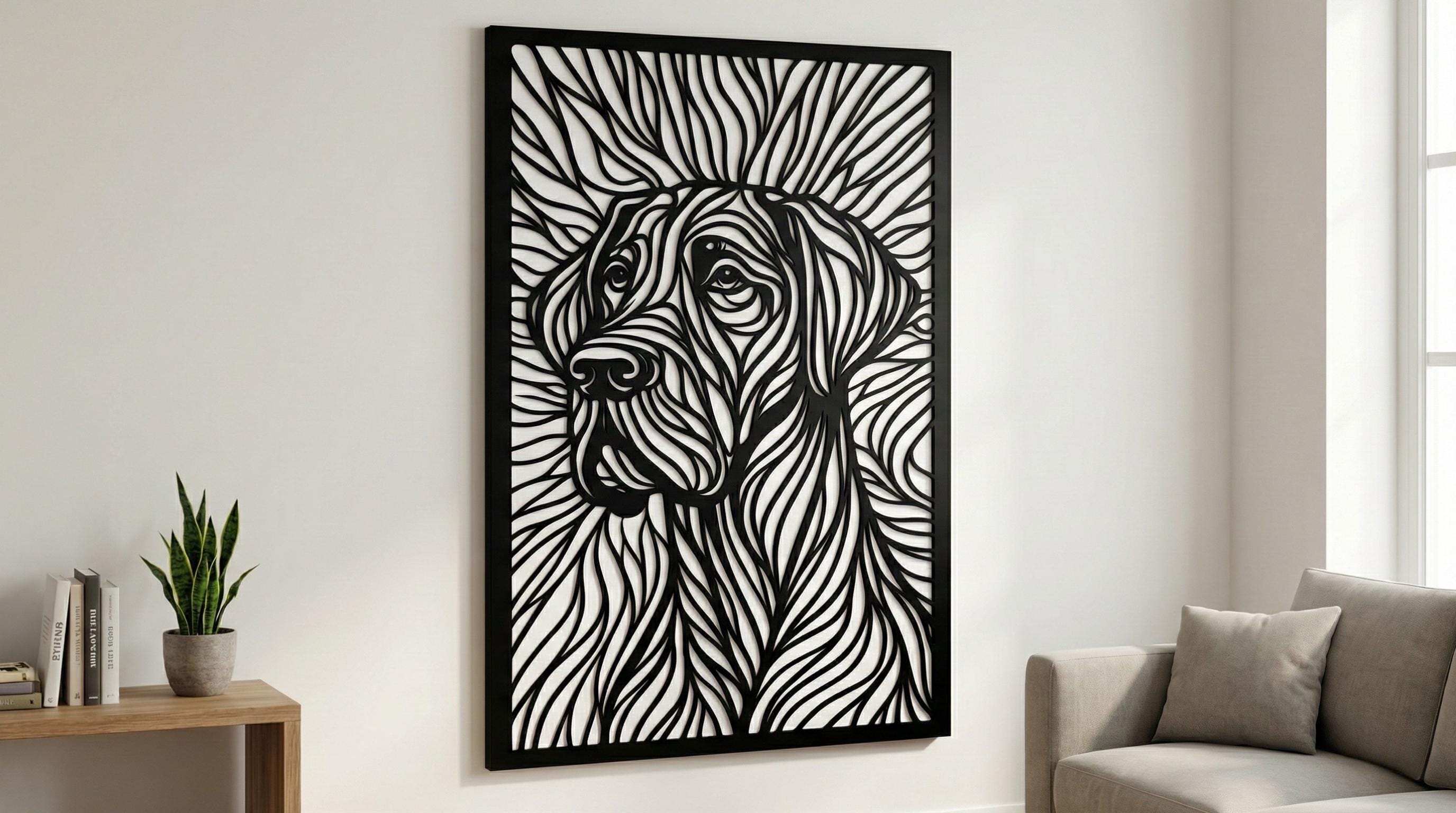 Laser Cut Abstract Wall Art Decor – The Guardian | Black Frame Flow-Line Art | SVG AI DXF dwg Files