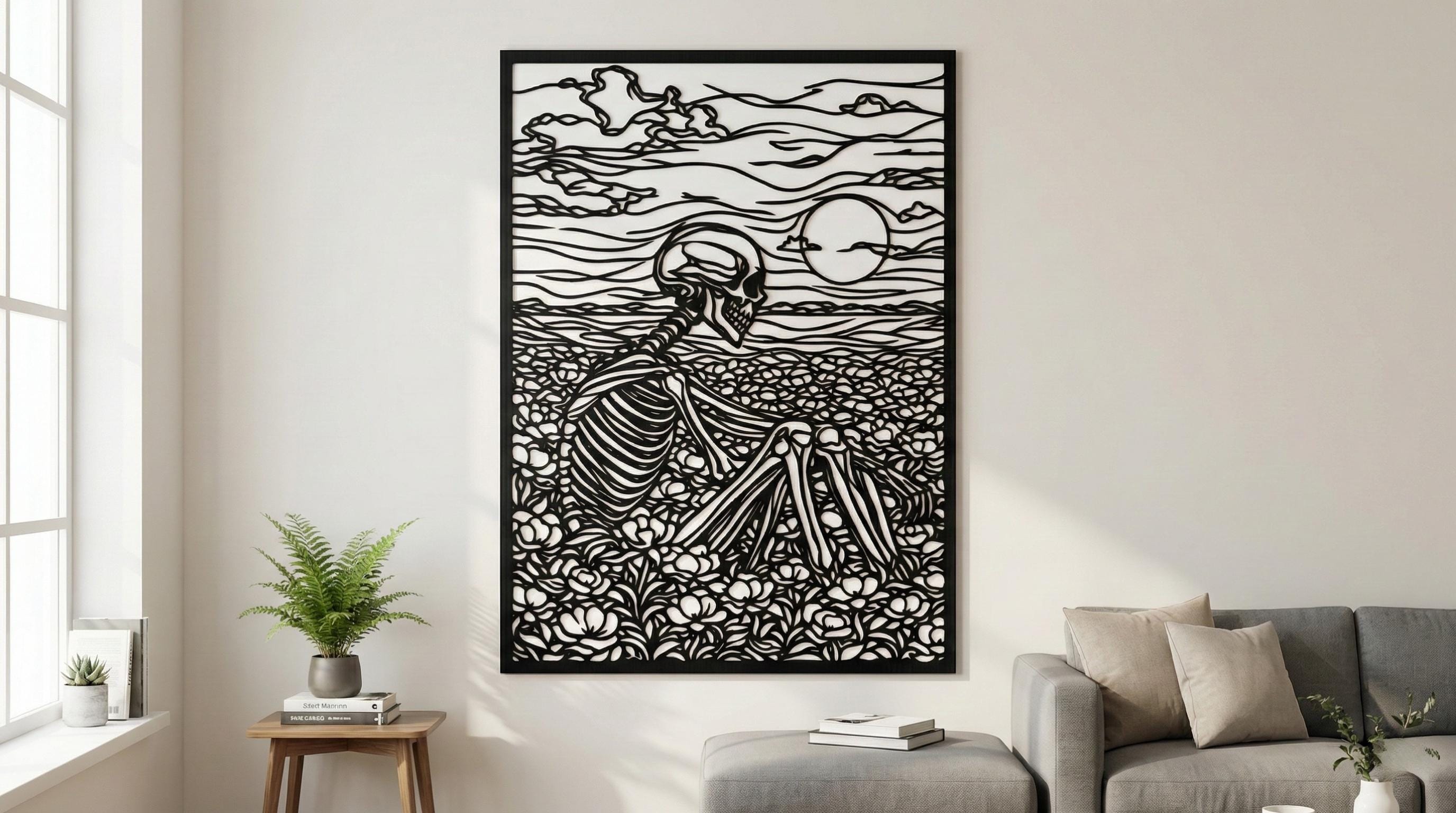 Laser Cut Skull Wall Art Decor – After Time | Black Frame Flow-Line Art | SVG AI DXF dwg Files