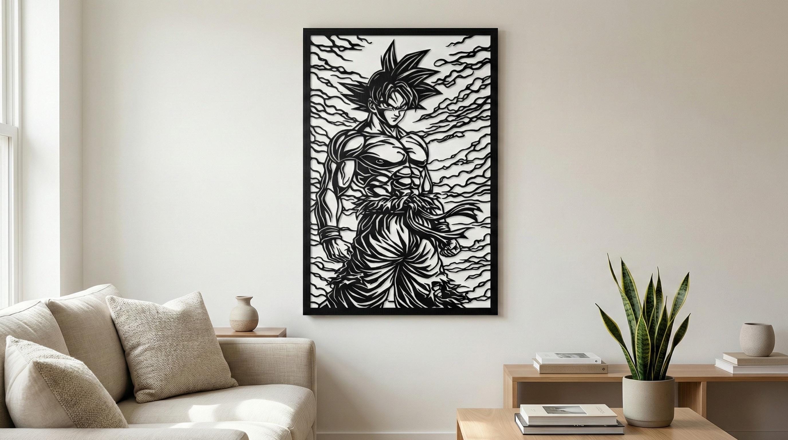 Laser Cut Anime Wall Art Decor – Goku | Flow-Line Art Black Frame | SVG AI DXF dwg Files