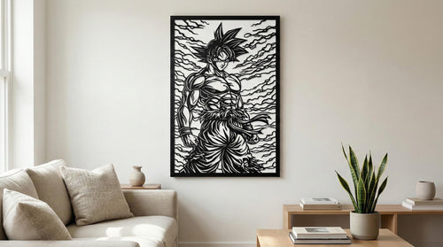 Laser Cut Anime Wall Art Decor – Goku | Flow-Line Art Black Frame | SVG AI DXF dwg Files