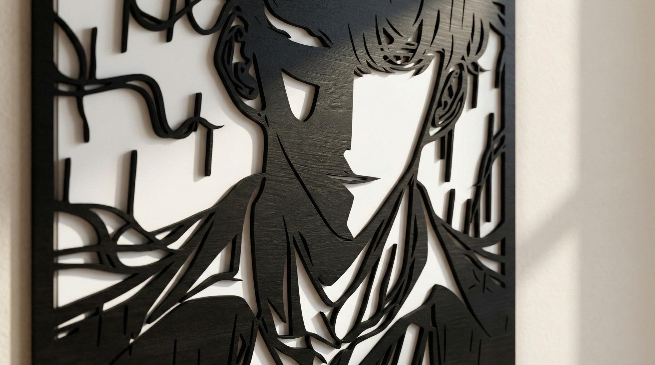 Laser Cut Anime Wall Art Decor – Sung Jin Woo | Flow-Line Art Black Frame | SVG AI DXF dwg Files