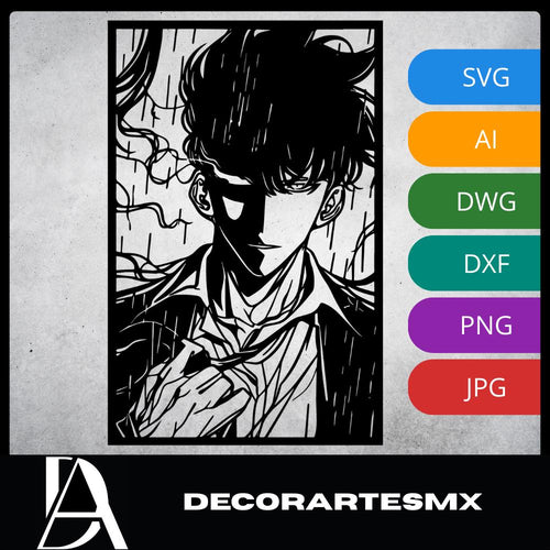 Laser Cut Anime Wall Art Decor – Sung Jin Woo | Flow-Line Art Black Frame | SVG AI DXF dwg Files