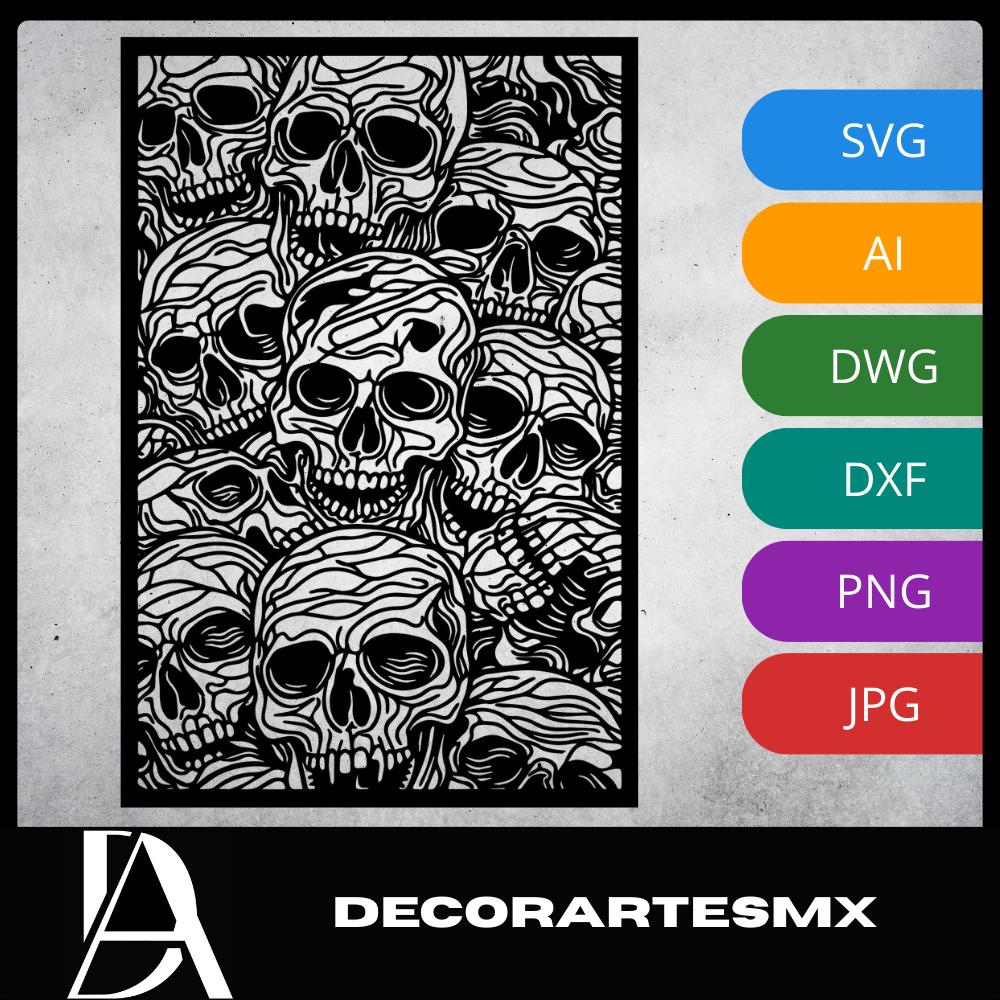 Laser Cut Skull Wall Art Decor – The Crowd | Black Frame Flow-Line Art | SVG AI DXF dwg Files