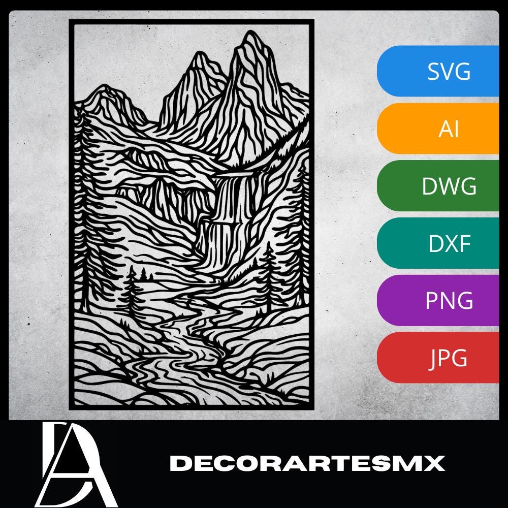 Laser Cut Landscape Wall Art Decor – Mountain Valley Waterfall | Black Frame Flow-Line Art | SVG AI DXF dwg Files