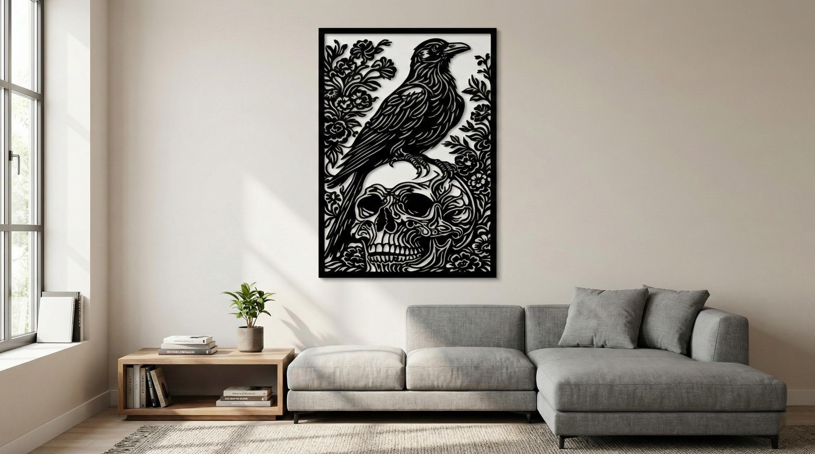 Laser Cut Skull Wall Art Decor – The Messenger | Flow-Line Art Black Frame | SVG AI DXF dwg Files