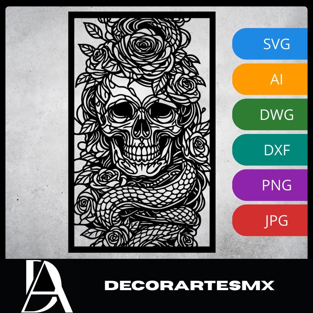 Laser Cut Skull Wall Art Decor – Mortal Beauty | Flow-Line Art Black Frame | SVG AI DXF dwg Files