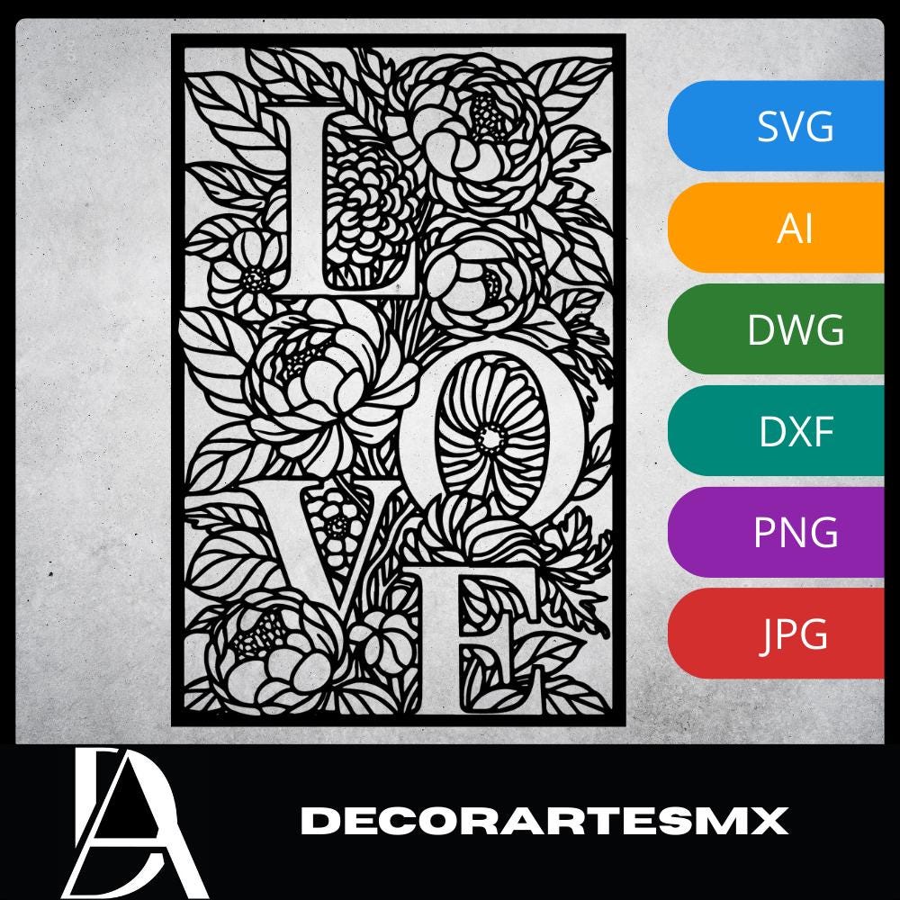 Laser Cut Floral Wall Art Decor – Love in Bloom | Flow-Line Art Black Frame | SVG AI DXF dwg Files