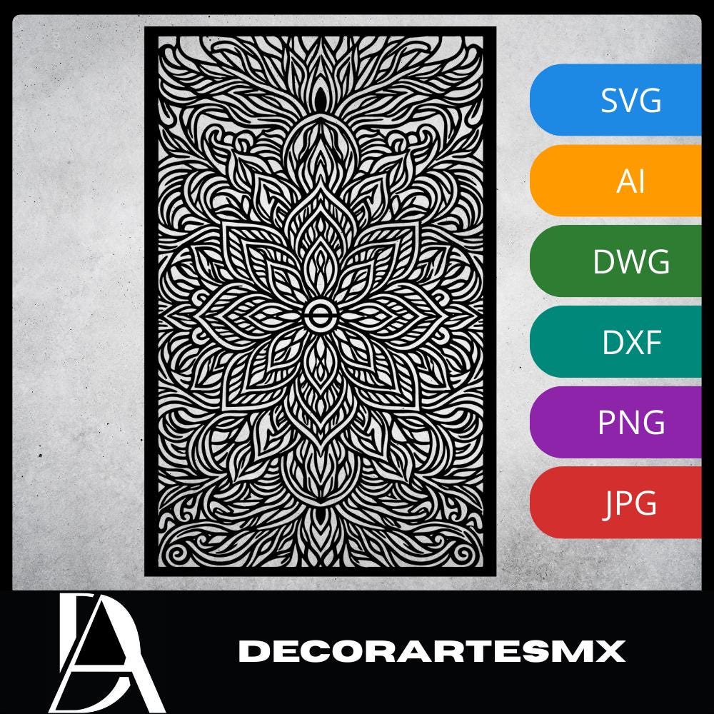 Laser Cut Floral Wall Art Decor – Central Bloom | Flow-Line Art Black Frame | SVG AI DXF dwg Files