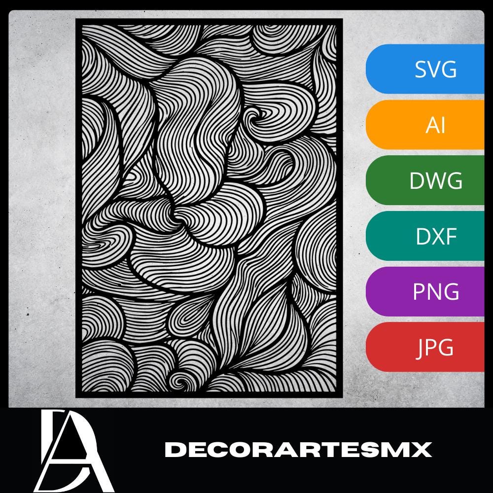 Laser Cut Pattern Wall Art Decor – Currents | Flow-Line Art Black Frame | SVG AI DXF dwg Files