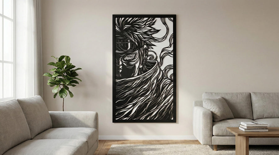 Arte Decorativo de Pared Anime para Corte Láser – Pain | Flow-Line Art con Marco Negro | Archivos SVG AI DXF DWG PNG JPG