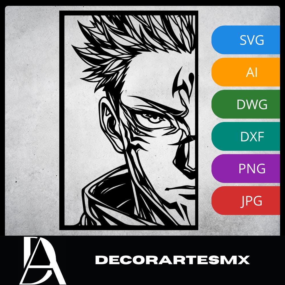 Laser Cut Anime Wall Art Decor – Sukuna | Flow-Line Art Black Frame | SVG AI DXF dwg Files