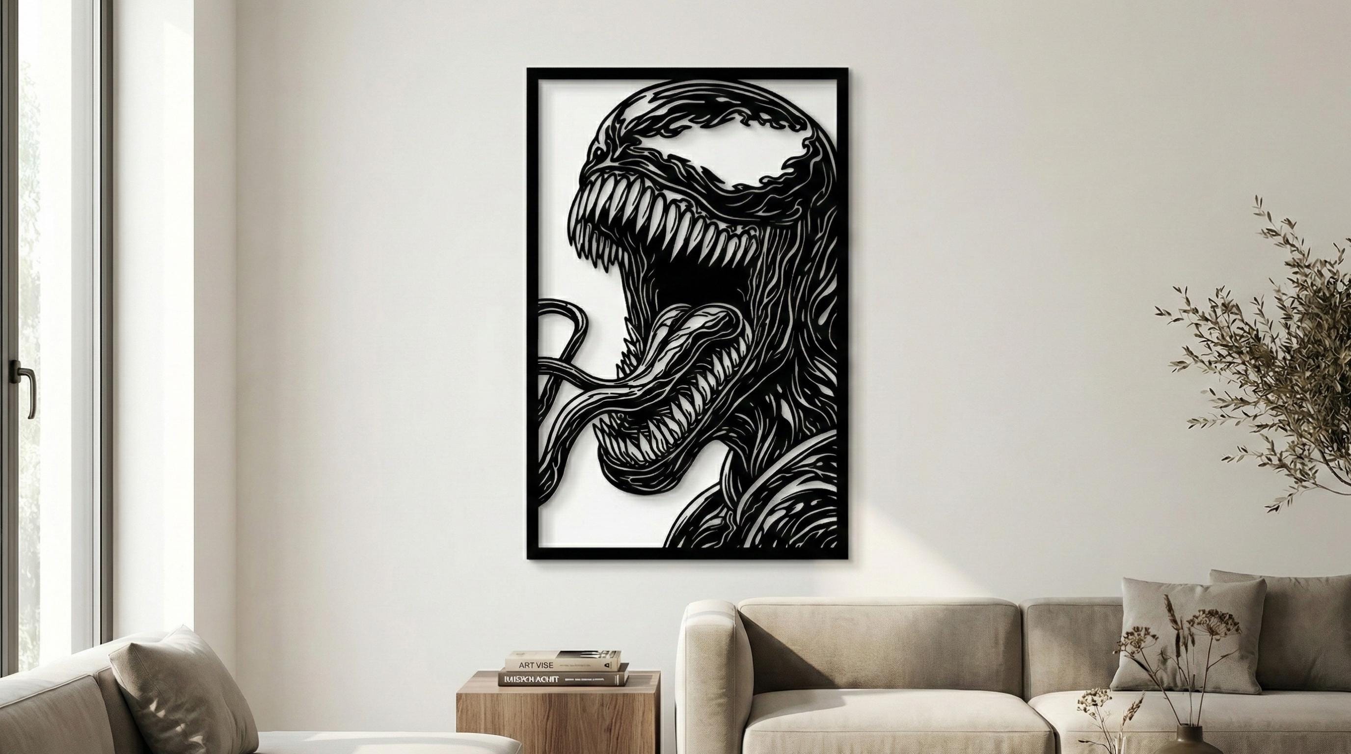 Laser Cut Comic Wall Art Decor – Venom | Flow-Line Art Black Frame | SVG AI DXF dwg Files