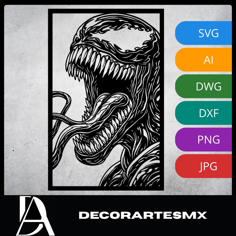 Laser Cut Comic Wall Art Decor – Venom | Flow-Line Art Black Frame | SVG AI DXF dwg Files
