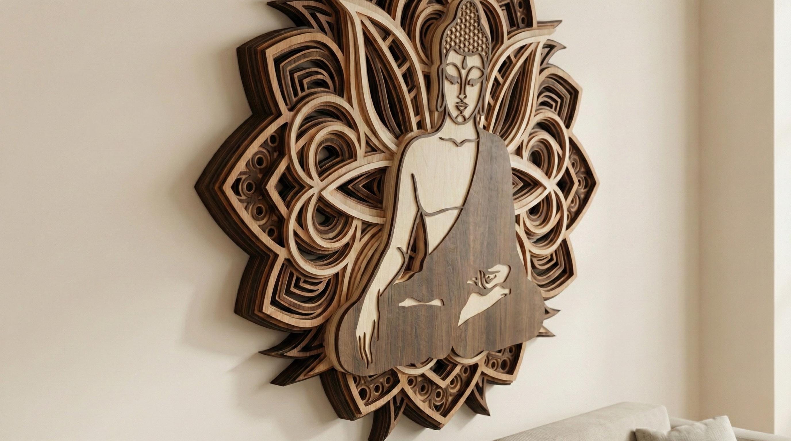 Laser Cut Multilayer Mandala Buddha Wall Art – 7 Layer Mandala Design | 3D Wall Decor | AI SVG DXF dwg Files