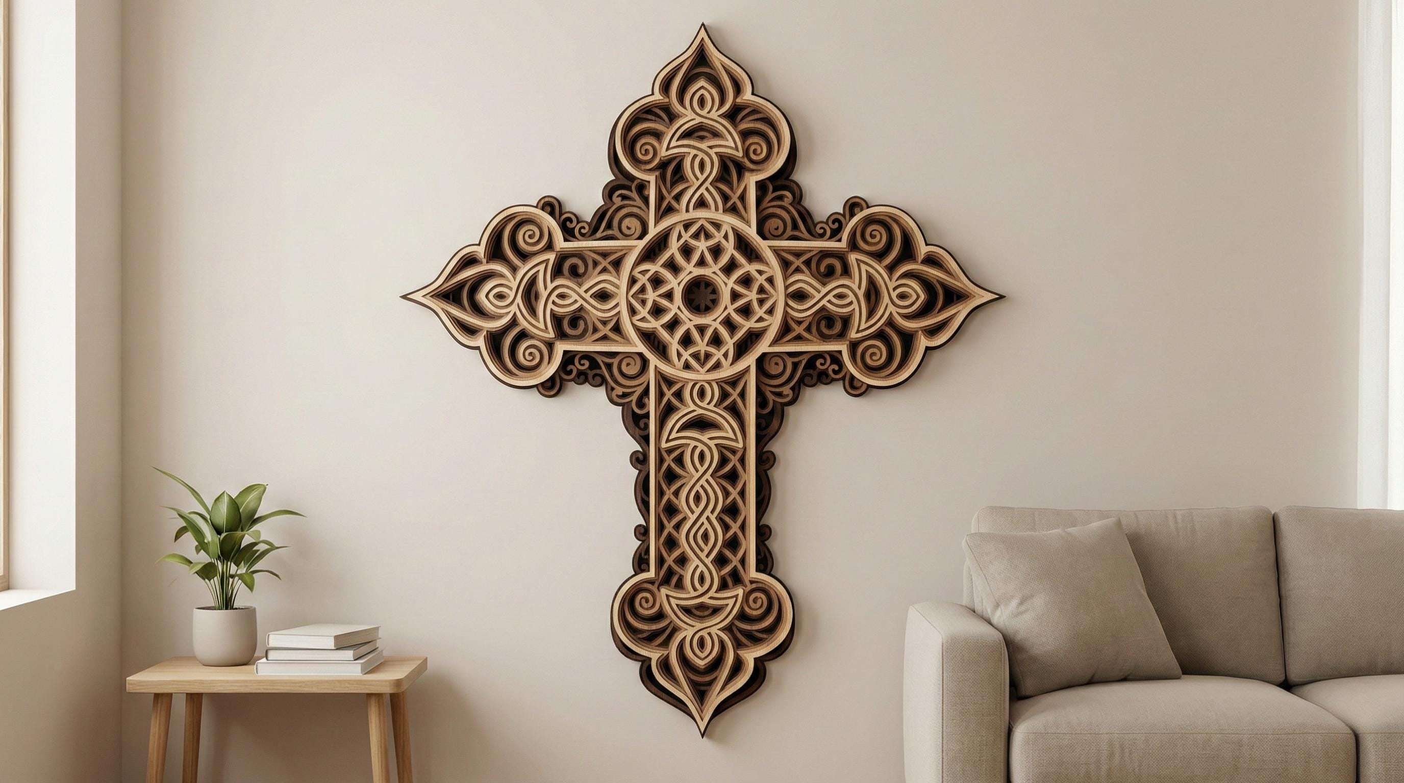 Laser Cut Multilayer Cross 3 Wall Art – 6 Layer Cross Design | 3D Wall Decor | AI SVG DXF dwg Files
